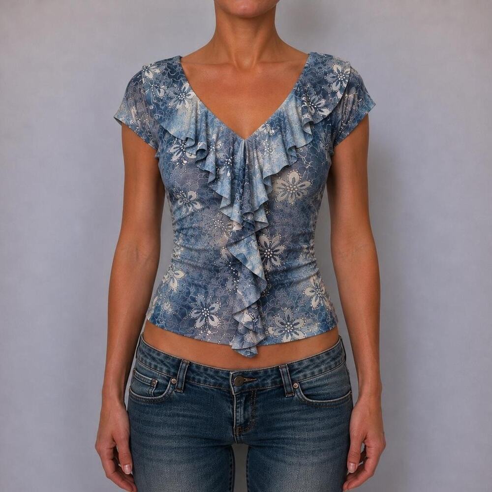 Vintage Y2K Fairy Dressbarn Blue Romantic Floral Ruffle Top Size M USA Made